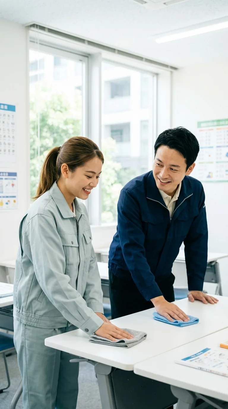 海外の自社日本語学校で清掃手順を学ぶ研修生と日本人教師
